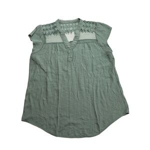 Sweet Wanderer JOA Anthro Sage Green Boho Lace Blouse L Crochet Mesh V-Neck Boho